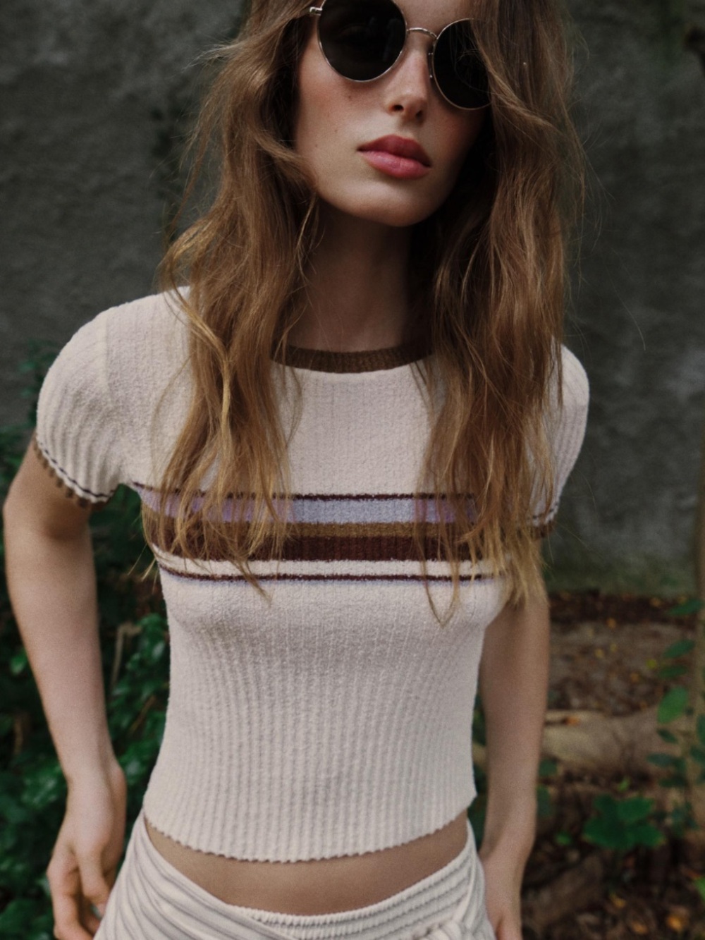 ZARA Ecru Ribbed Crop Top with Brown & Purple Stripes
